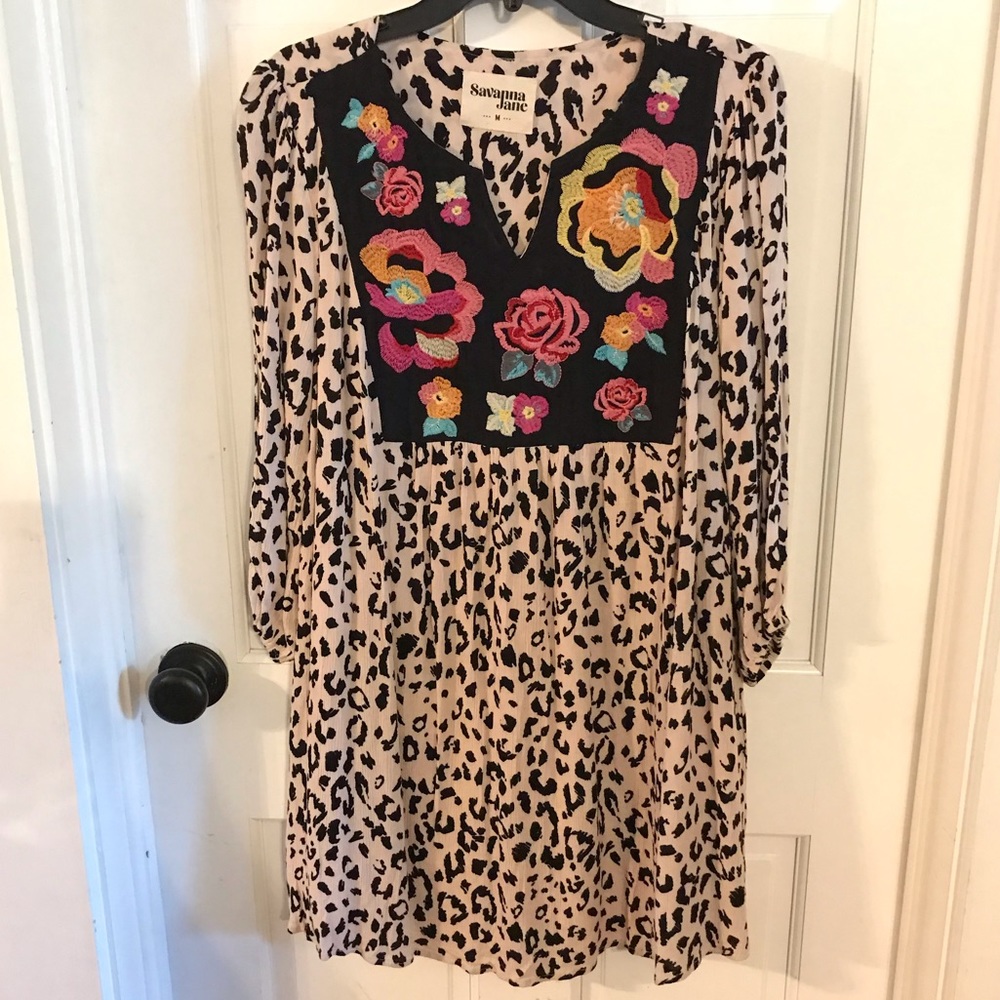 Savanna Jane Leopard Print Embroidered Floral Dress